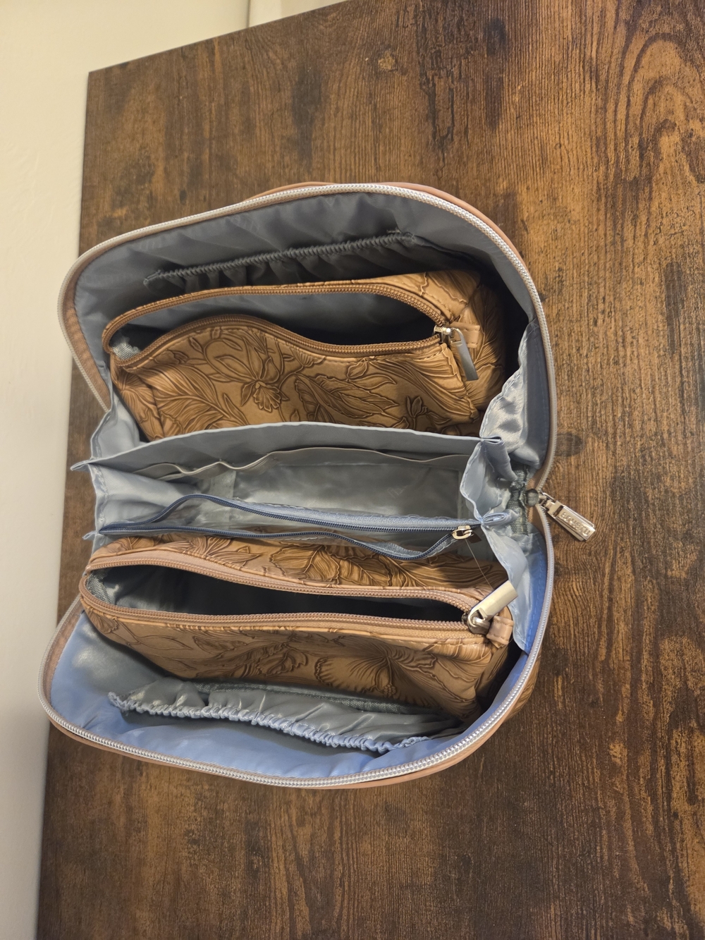 Embossed Floral Top-Handle Cosmetic Case in Tan - Picture 6 of 6